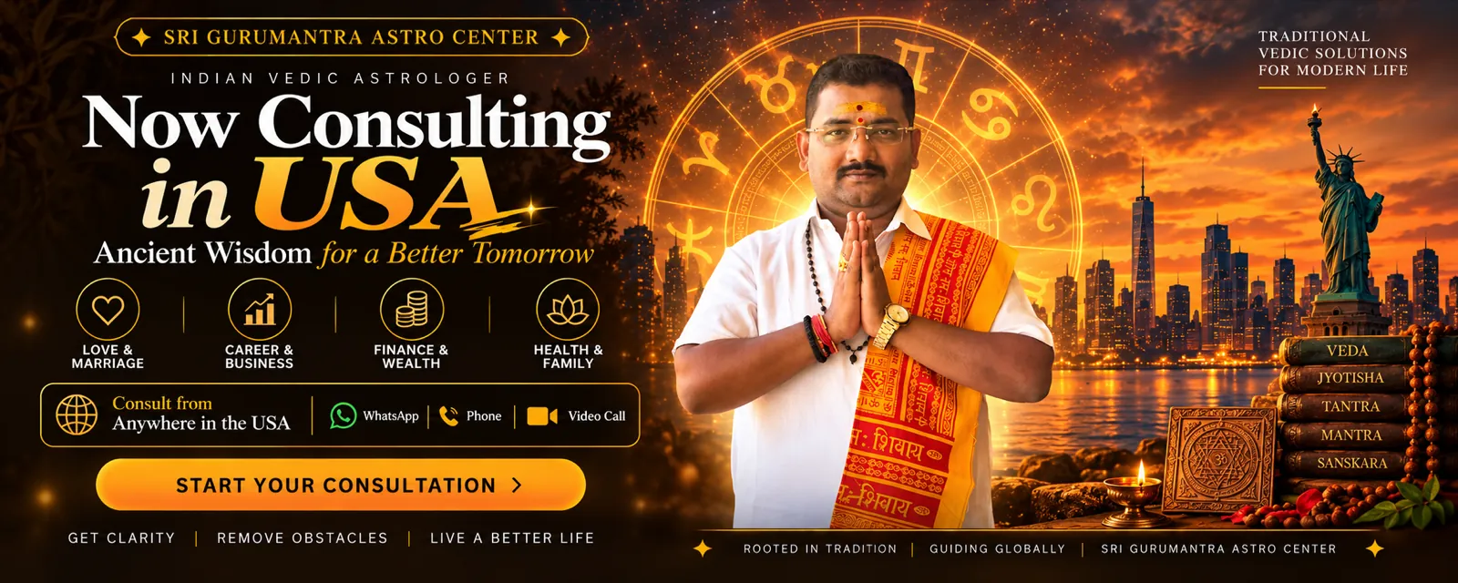 Indian Vedic Astrologer Now Consulting in USA - Sri Gurumantra Astro Center